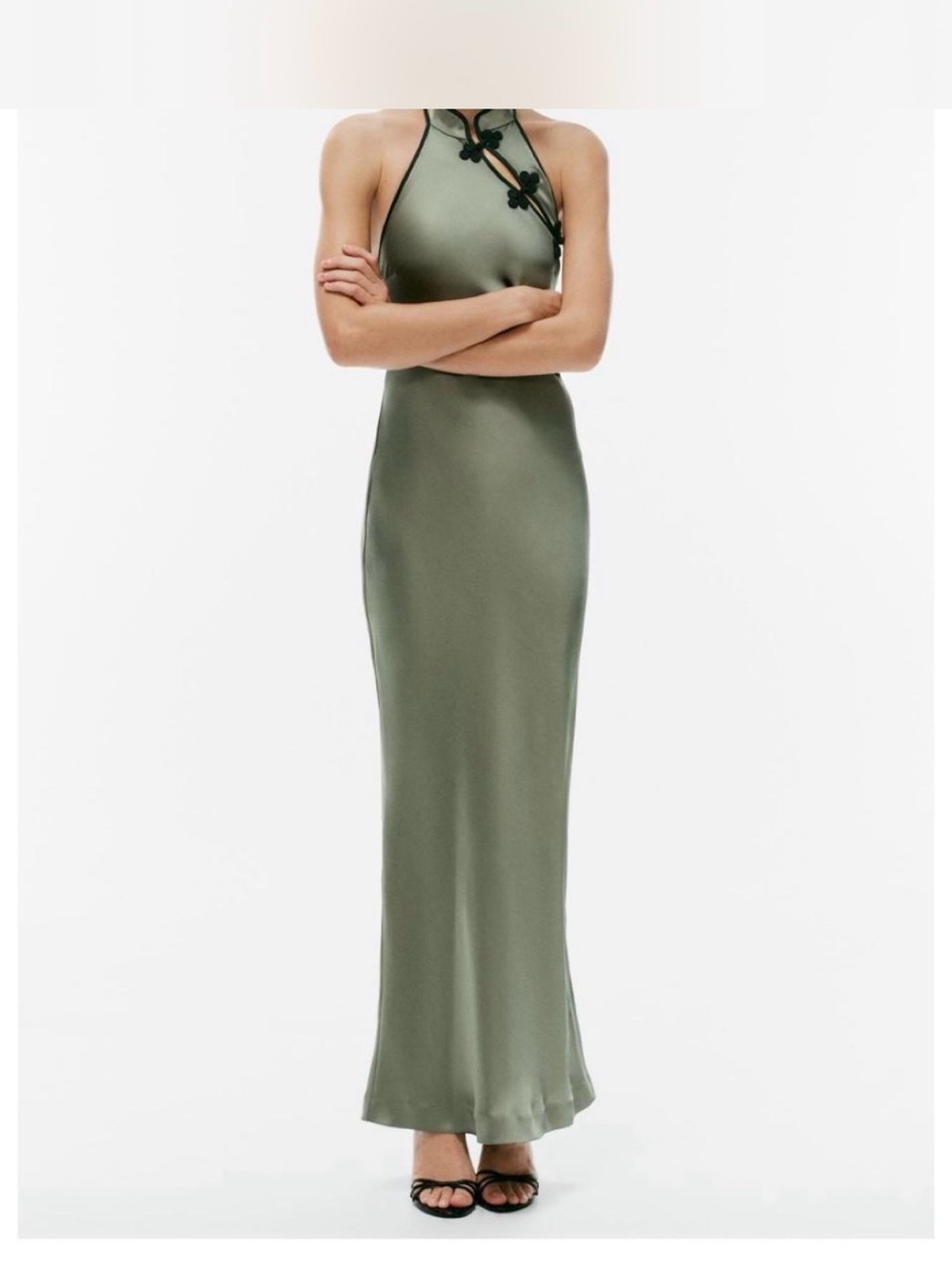 Zara Olive Satin Halter Midi Dress with Contrast Trim